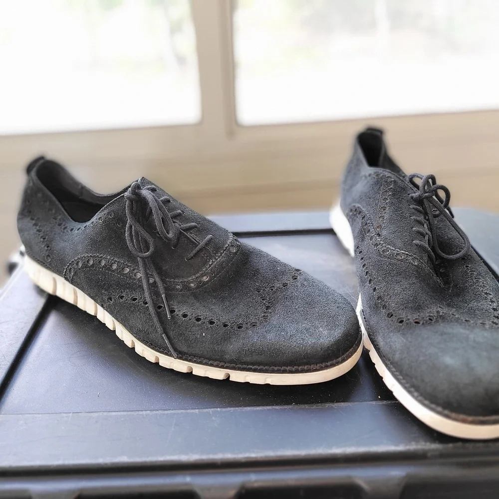 COLE HAAN ZEROGRAND Men's 13 Black Suede Wingtip Perforated Shoes